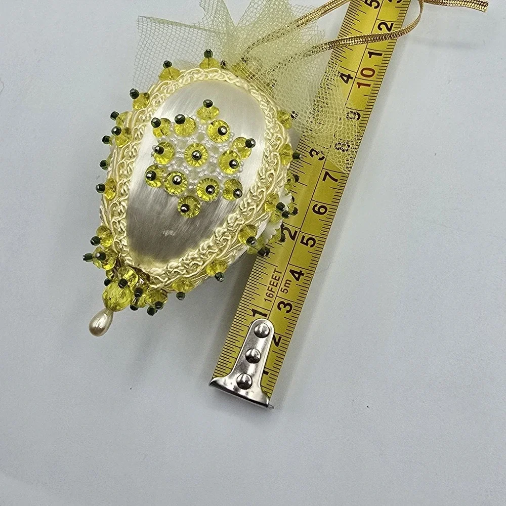 Vintage Handmade Yellow Satin‎ Push Pin Christmas Ornament with Ribbon Beads